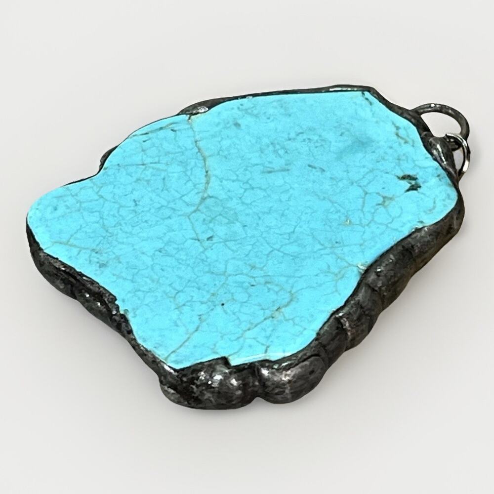 VTG Turquoise Howlite Freeform Silver Tone Metal Bezel Large Southwest Pendant